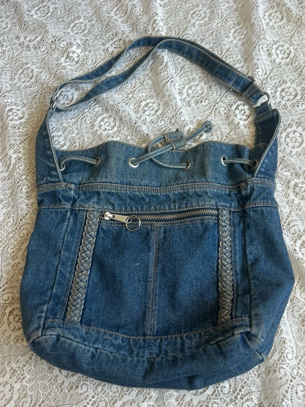 Casual Denim Drawstring Shoulder Bag - Blue